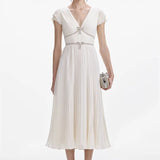 karen v-neck bow pleated chiffon midi dress - white