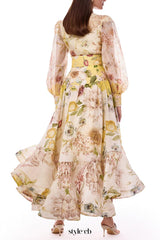 mary yellow print High-neck puff-sleeved top & full-skirted midi skirt