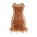 anna rhinestone embellished feather strapless mini dress in pale brown
