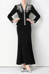 georgia Beaded V-neck lace top & fishtail skirt set - black