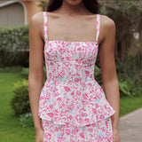 zara floral print layered strappy maxi dress in pink