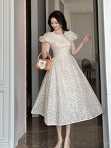 pearl neck Puff sleeve flared lace maxi dress - apricot