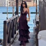 lorraine Waist-cinching backless camisole cake maxi dress - burgundy