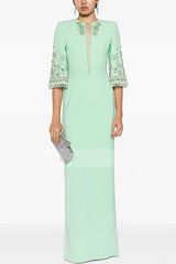 mesh splicing bead diamond mid-sleeve mint green long dress