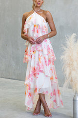 Floral Ruffle Halter Neck Midi Dress - pink