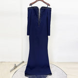 navy blue one-line collar bead diamond long dress