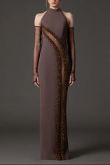 vivien Brown Beading High Neck Maxi Dress