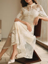 Lace Embroidered Shirt Collar Midi Dress - apricot