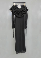 lila flower embellished pleated strapless maxi dress in black