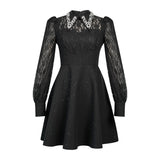 lynn black rhinestone collar neck lace hollow sleeve mini dress