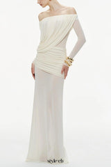 cara Off-shoulder long sleeve pleated mesh maxi dress in white