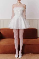 cornelia Lace mesh ribbon A-line strapless mini dress - white