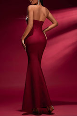 tina off-shoulder Crystal Applique Bandage Mermaid Gown in burgundy