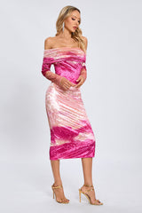 donna pink Off-shoulder Print Velvet long sleeve Midi Dress