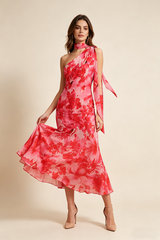 One-Shoulder Floral Mermaid Maxi Dress in Red