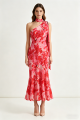 One-Shoulder Floral Mermaid Maxi Dress in Red