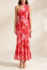 One-Shoulder Floral Mermaid Maxi Dress in Red