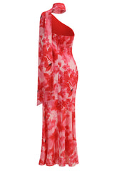 One-Shoulder Floral Mermaid Maxi Dress in Red
