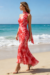 One-Shoulder Floral Mermaid Maxi Dress in Red