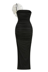 judy One Shoulder Peony Ruffle Gown in black
