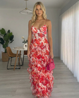 floral print ruffle high slit mini Dress - red