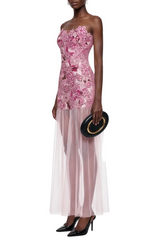 Pansya Floral Embroidery Strapless Maxi Dress - Pink