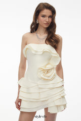 Poppy Neutral Off Shoulder Mini Dress with 3D Florals