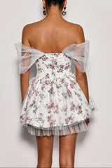 Quaris Off Shoulder Flower Tulle Mini Dress In White