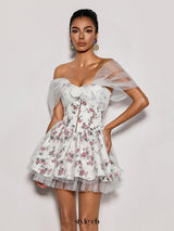 Quaris Off Shoulder Flower Tulle Mini Dress In White