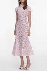 zenobia Pink Guipure Lace hollow Midi Dress