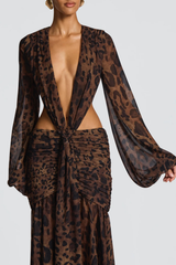Roniny Cutout Chiffon Draped Maxi Dress - Leopard
