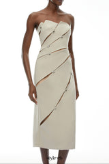 angela Asymmetrical Off Shoulder Midi Dress in Khaki