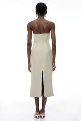 angela Asymmetrical Off Shoulder Midi Dress in Khaki