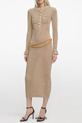 lauren Gold Lurex Ribbed Knit Midi Dress