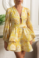 Floral Romantic Mini Dress With Voluminous Sleeves And Peplum Detail - Yellow