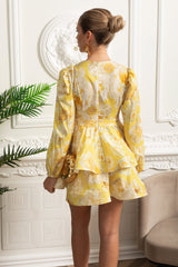 Floral Romantic Mini Dress With Voluminous Sleeves And Peplum Detail - Yellow