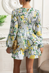 Floral Romantic Mini Dress With Voluminous Sleeves And Peplum Detail - Sky Blue