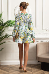 Floral Romantic Mini Dress With Voluminous Sleeves And Peplum Detail - Sky Blue