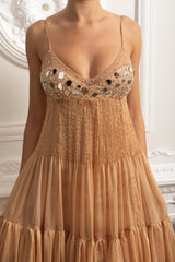 helen rhinestone beading pleated maxi dress - beige