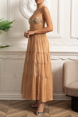 helen rhinestone beading pleated maxi dress - beige