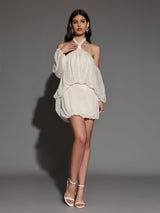 vivien Halter Neck Fluffy Mini Backless mini Dress in apricot