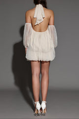 vivien Halter Neck Fluffy Mini Backless mini Dress in apricot
