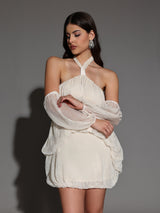 vivien Halter Neck Fluffy Mini Backless mini Dress in apricot