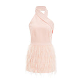 tara feather-detail tassel halter backless dress in pink