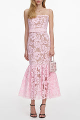 simona Pink Crochet Lace hollow Midi Dress