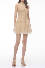 Saga Neutral Pleated Mini Dress with 3D Petals