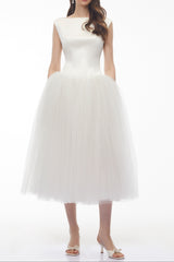 Salma White Pleated Flared Midi Dress