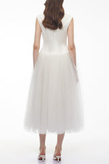 Salma White Pleated Flared Midi Dress