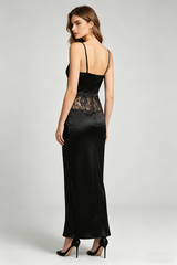 Satin Lace-Trimmed Slit Slip Maxi Dress in Black