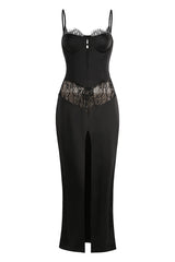 Satin Lace-Trimmed Slit Slip Maxi Dress in Black